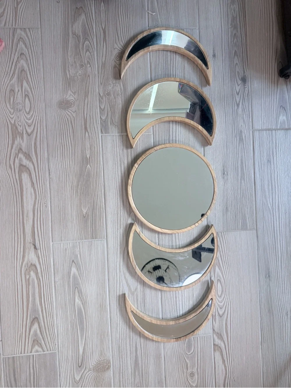 Moon Phase Wall Mirror Set in Natural Wood